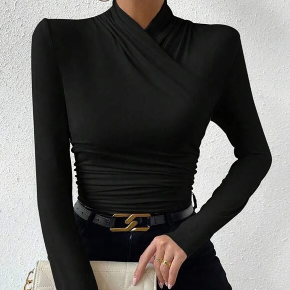 Commense Black Long Sleeve Wrap Top